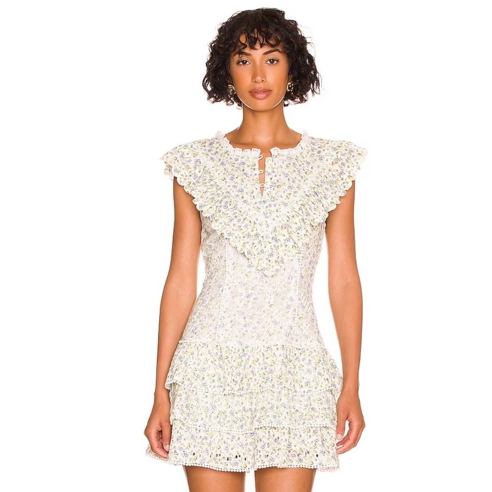 LOVESHACKFANCY Lunetta Ruffled Floral-Print Broderie Anglais Cotton Mini Dress